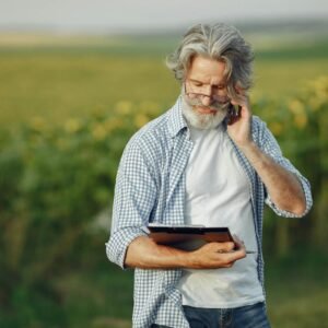 Elderly man in a field using a smartphone and tablet, wearing glasses and a casual shirt.